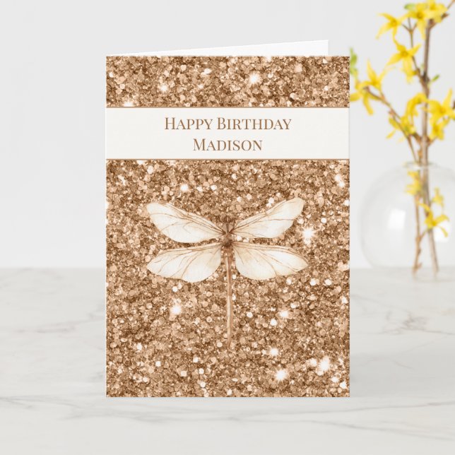 Carte Faux Paillettes Dorées Anniversaire Libellule Blan (Fleur jaune)