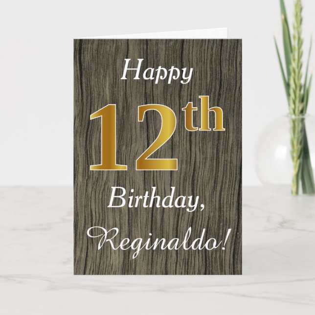 Carte Faux Wood, Faux Gold 12e anniversaire + Nom person (Devant)
