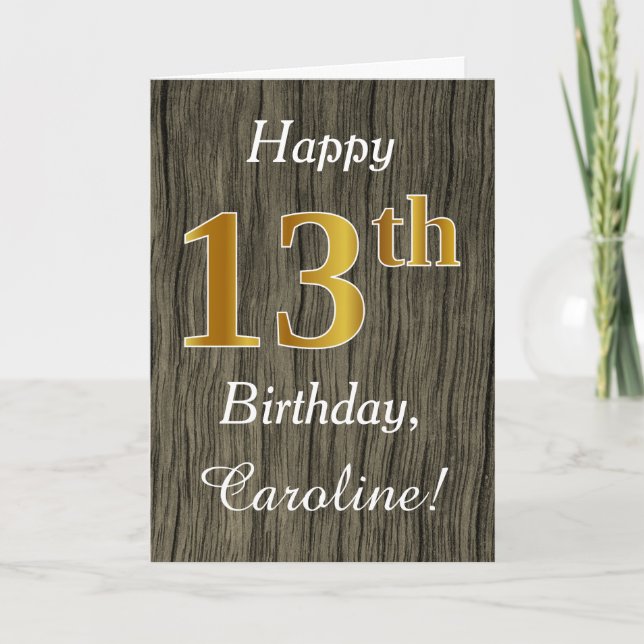 Carte Faux Wood, Faux Gold 13e anniversaire + Nom person (Devant)