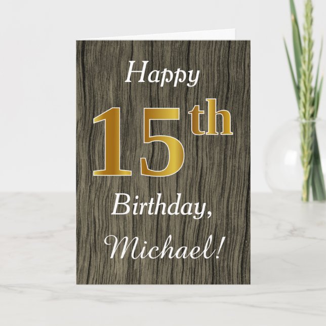 Carte Faux Wood, Faux Gold 15e anniversaire + Nom person (Devant)