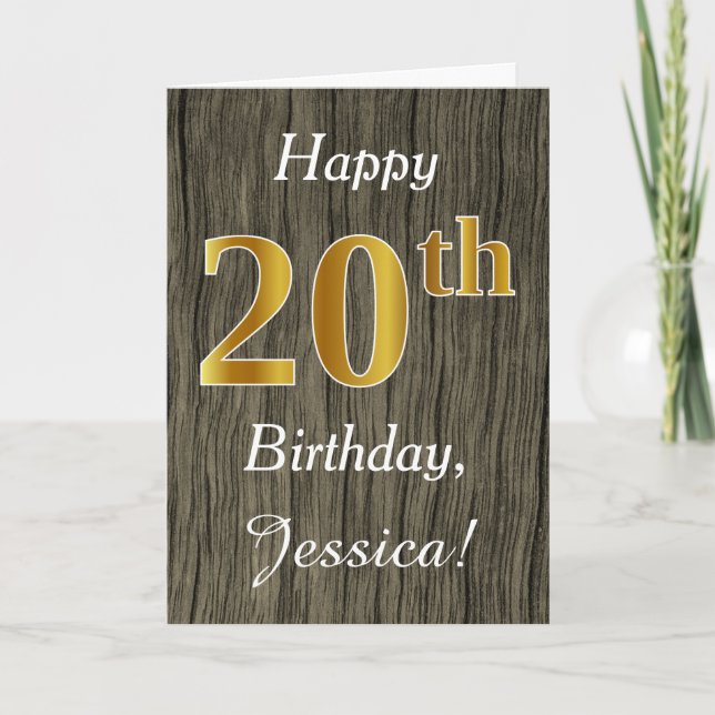 Carte Faux Wood, Faux Gold 20e anniversaire + Nom person (Devant)