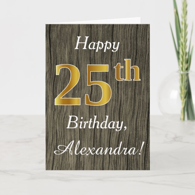 Carte Faux Wood, Faux Gold 25e anniversaire + Nom person (Devant)