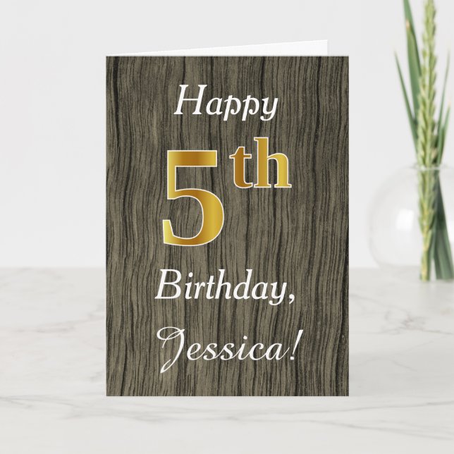 Carte Faux Wood, Faux Gold 5e anniversaire + Nom personn (Devant)