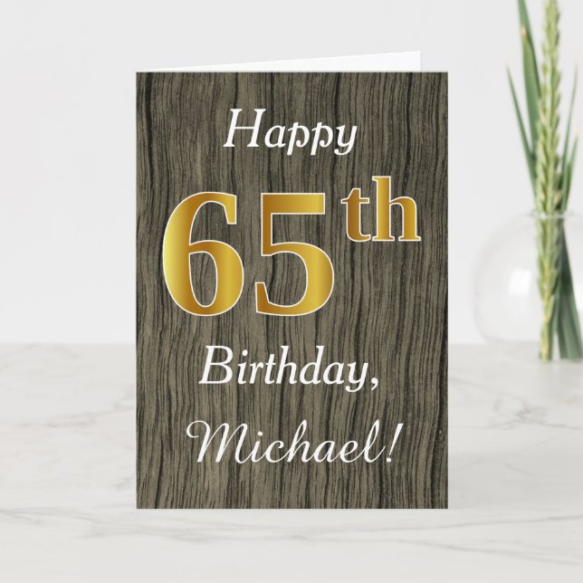 Carte Faux Wood, Faux Gold 65e anniversaire + Nom person (Devant)