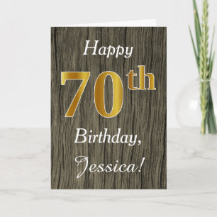 Carte Faux Wood, Faux Gold 70e anniversaire + Nom person