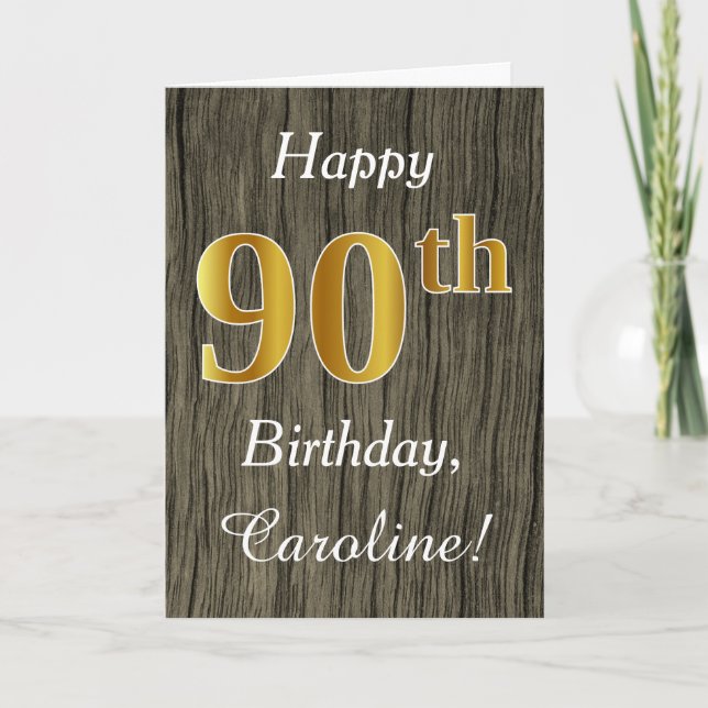 Carte Faux Wood, Faux Gold 90e anniversaire + Nom person (Devant)