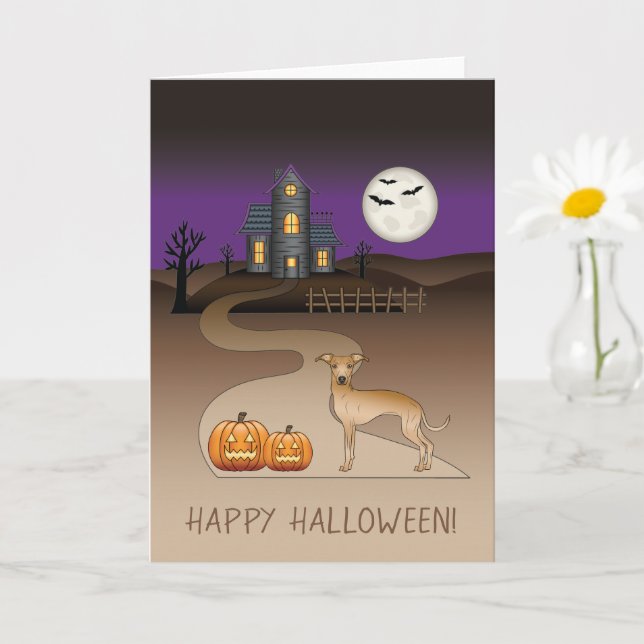 Carte Fawn Iggy Cute Dog Et Halloween Maison Hantée (Petite plante)