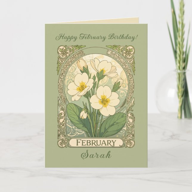 Carte February Birthday Primrose Flowers Art Nouveau Sty (Devant)