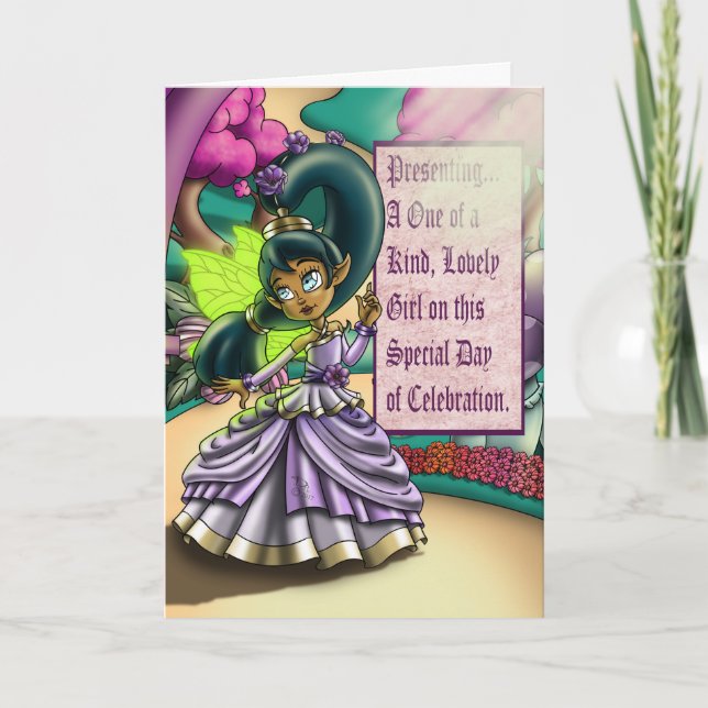 Carte Fée afro-américaine et fleurs pourpres Anniversair (Devant)