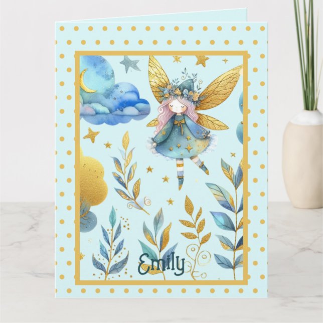 Carte Fée Anniversaire Bleu Turquoise Or Rose Princesse  (Devant)