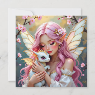 Carte Fée aux cheveux roses et bébé dragon blanc