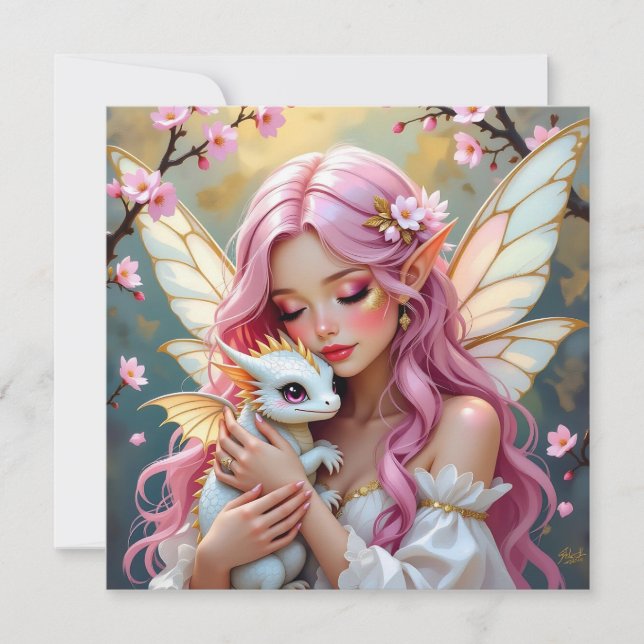 Carte Fée aux cheveux roses et bébé dragon blanc (Devant)