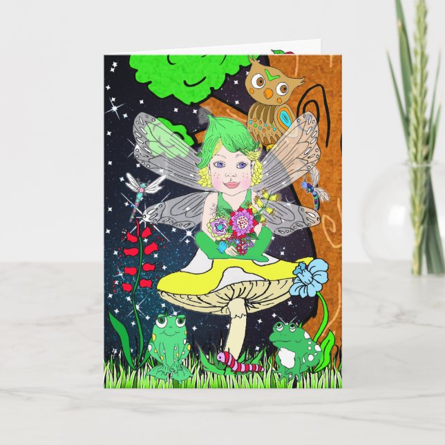 Carte Fée capricieuse elf sur un anniversaire de champig (Devant)