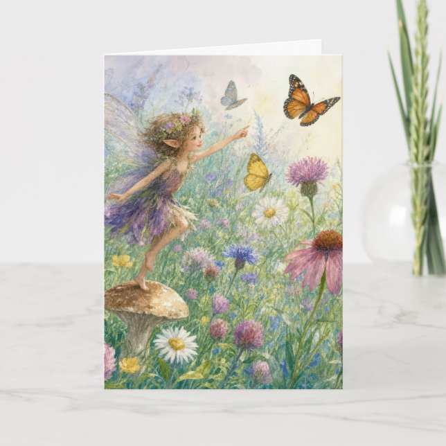 Carte Fée d'anniversaire avec papillons dans un jardin (Devant)