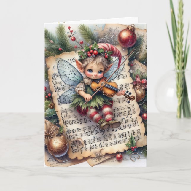 Carte Fée de Noël Pixie jouant du violon (Devant)