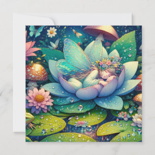 Carte Fée dormant sur un fond de fleurs blanc