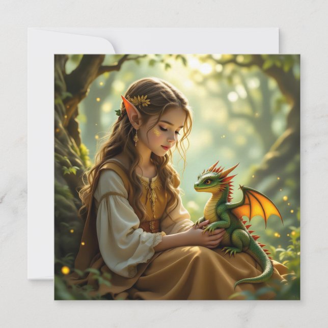 Carte Fée elfe avec dragon dans une forêt enchantée (Devant)