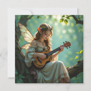 Carte Fée Elfe Jouant du Ukulele dans une Forêt Enchanté