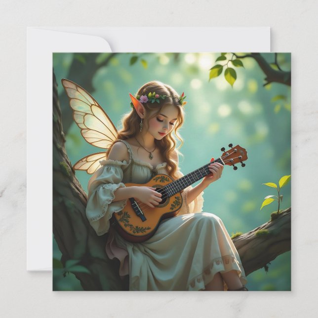 Carte Fée Elfe Jouant du Ukulele dans une Forêt Enchanté (Devant)