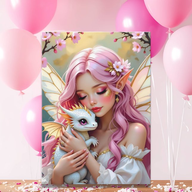 Carte Fée elfe rose et dragon blanc | Joyeux anniversair (Créateur téléchargé)