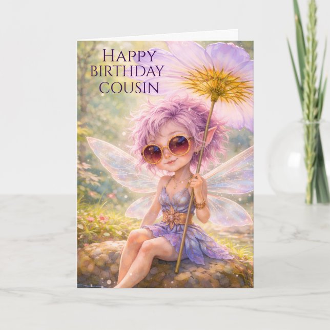 Carte Fée fantaisiste Dandelion–Cousin Joyeux Anniversai (Devant)