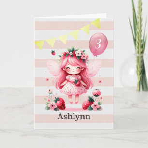 Carte Fée Fille à la Fraise Rose 3ème Anniversaire