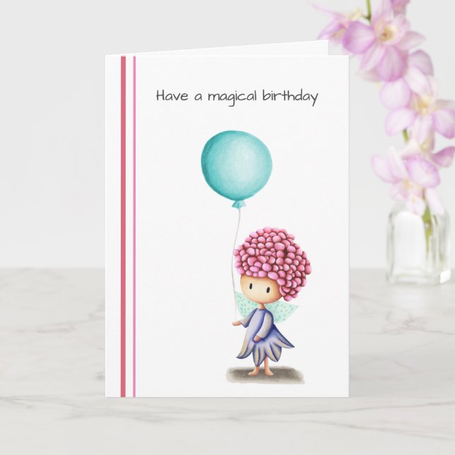Carte Fée mignonne avec ballon Anniversaire personnalisé (Orchidée)
