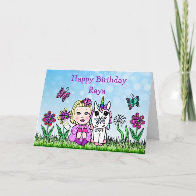 Carte Fée personnalisée et licorne Joyeux anniversaire (Devant)