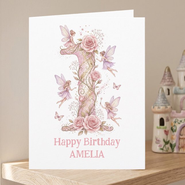 Carte Fée Premier Anniversaire Rose Numéro Un Fille 1er (Fairy First Birthday Card - personalise with child's name, greeting and date of 1st birthday)