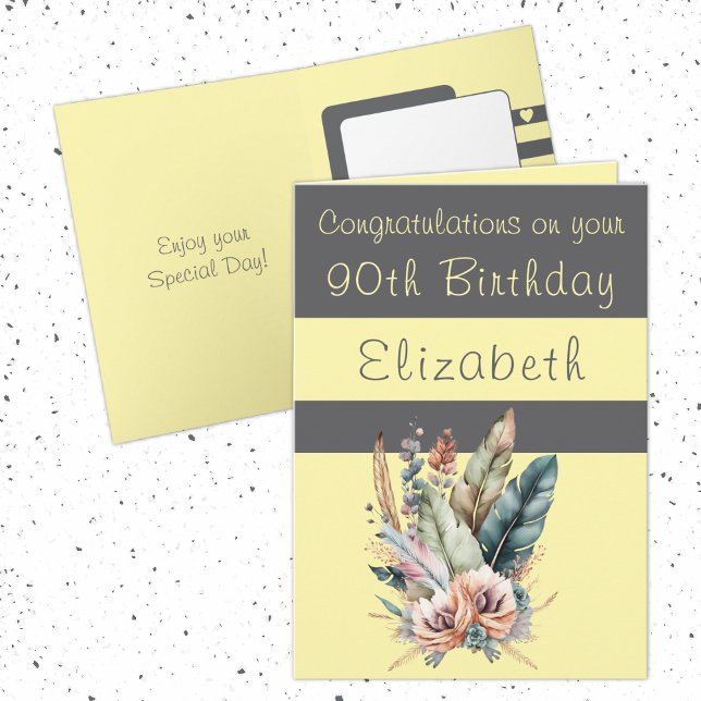 Carte Félicitations 90e anniversaire floral gris jaune (Créateur téléchargé)