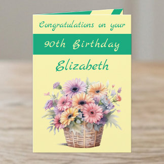 Carte Félicitations 90e anniversaire floral vert jaune