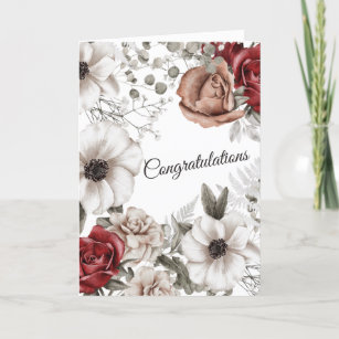 Carte Félicitations à l'aquarelle mariage rouge florale