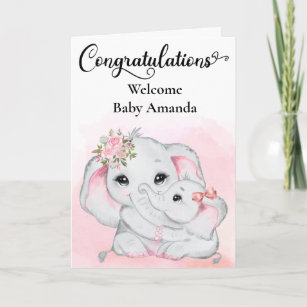 Carte Félicitations à Mère Bébé Eléphant Rose Cute