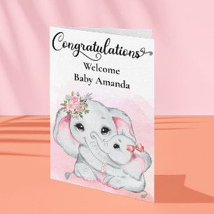Carte Félicitations à Mère Bébé Eléphant Rose Cute