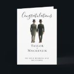 Carte Félicitations à Two Grooms pour votre mariage<br><div class="desc">Elégant Mariage gay Two Grooms en chapeaux et costumes du matin - Mr et Mr mariage Félicitations pour votre jour de mariage Cartes personnalisées de Ricaso. Ajoutez les noms des marionnettes et les détails de la date du mariage à ces cartes étonnantes. Conçu avec deux mariés en costume et chapeaux...</div>
