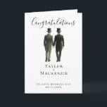 Carte Félicitations à Two Grooms pour votre mariage<br><div class="desc">Elégant Mariage gay Two Grooms en chapeaux et costumes du matin - Mr et Mr mariage Félicitations pour votre jour de mariage Cartes personnalisées de Ricaso. Ajoutez les noms des marionnettes et les détails de la date du mariage à ces cartes étonnantes. Conçu avec deux mariés en costume et chapeaux...</div>