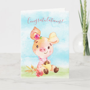 Carte Félicitations à Watercolor Girl Piggy