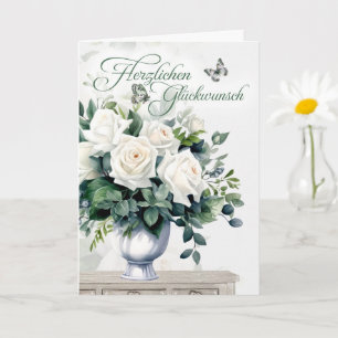 Carte Félicitations allemandes Roses blanches et papillo