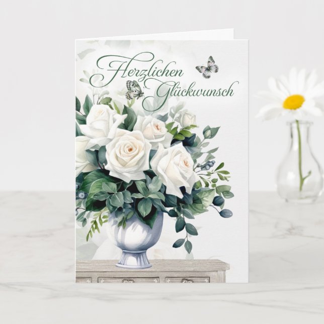 Carte Félicitations allemandes Roses blanches et papillo (Petite plante)