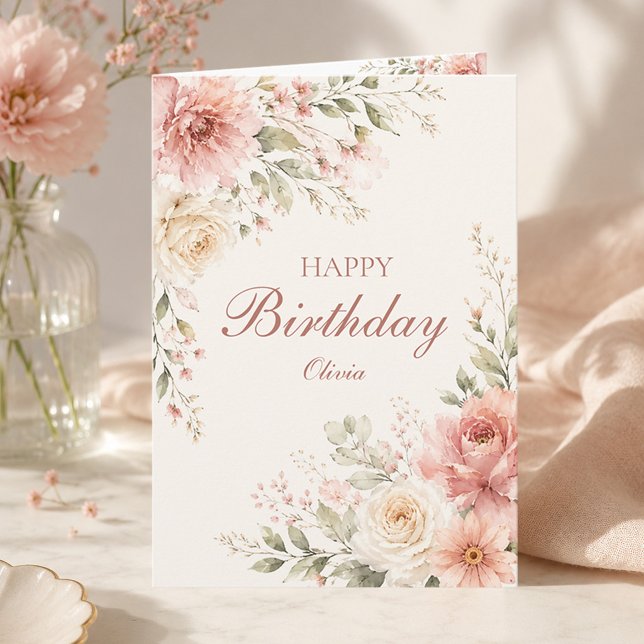 Carte Félicitations Anniversaire Nom Fleur Rose Élégant  (Créateur téléchargé)