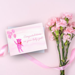 Carte Félicitations Aquarelle Rose Teddy Bear Girl