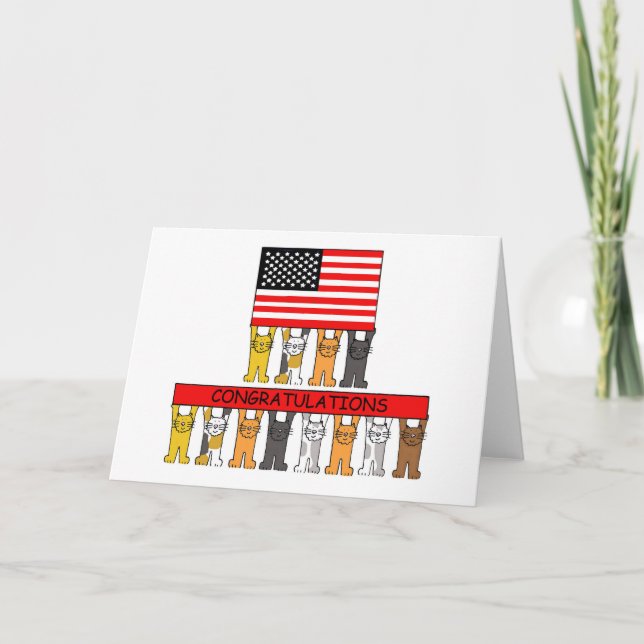 Carte Félicitations aux USA Flag avec des chats caricatu (Devant)