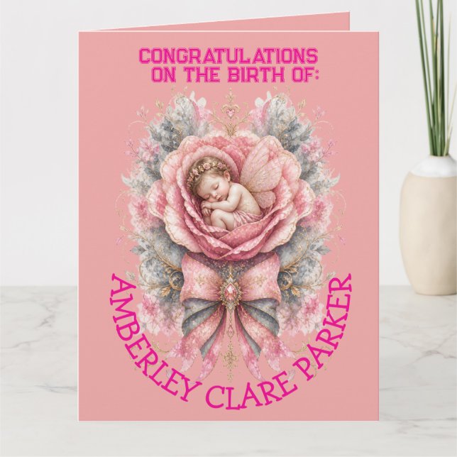 Carte Félicitations Bébé Fée fille Rose Rose Naissance  (Devant)