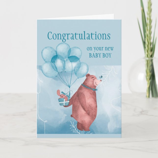 Carte Félicitations Bébé GARÇON FunTeddy Bear Ballons (Devant)