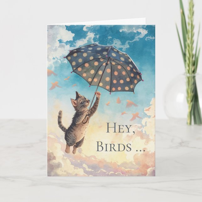 Carte Félicitations Chat et Parapluie Volant dans les Ai (Devant)