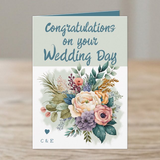 Carte Félicitations de mariage fleuri vert bleu (Créateur téléchargé)