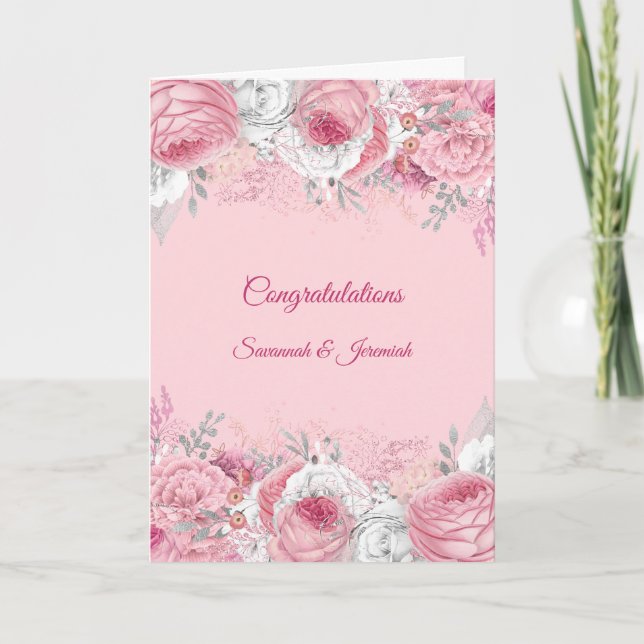 Carte Félicitations de mariage floral rose argenté chic (Devant)