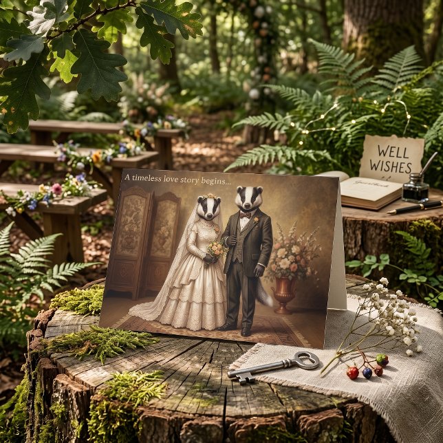 Carte Félicitations de mariage pour un couple de blairea (Vintage Victorian Badger Newlywed Wedding Day Congratulations Card for Cottagecore & dark academia)