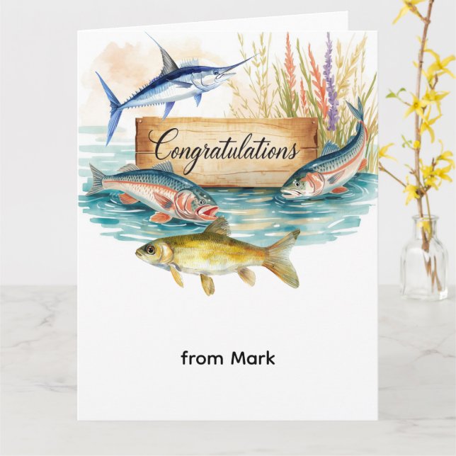 Carte Félicitations de pêche à l'aquarelle  (Fleur jaune)