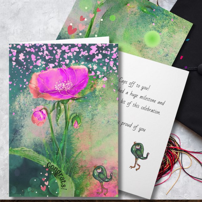 Carte Félicitations de remise de diplôme Fleur et Oiseau (Whimsical Flower & Bird Graduation Congratulation Card)